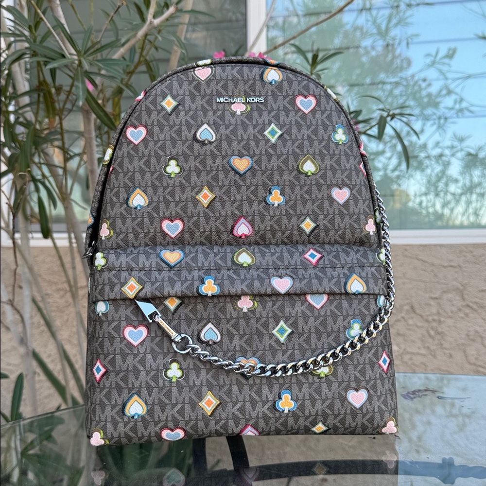 Michael Kors Gray Backpack with Colorful Heart and Clover Design